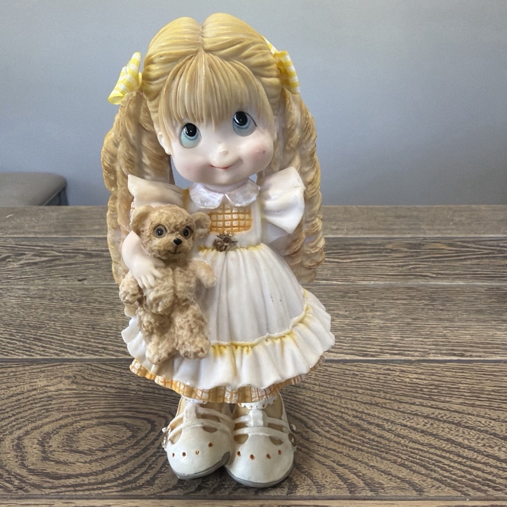 Sweet Kids Co Girl Figurine with Teddy Bear & Yellow Plaid Bows Hair in Pigtails